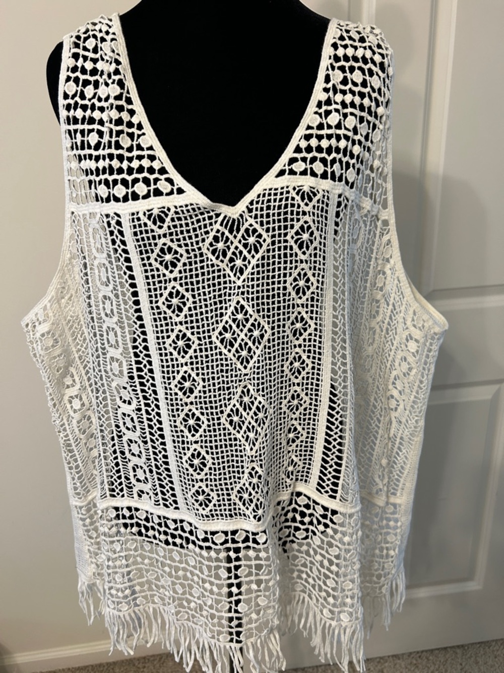 Boho Lightweight White Crochet Fringed Top with Intricate Openwork.